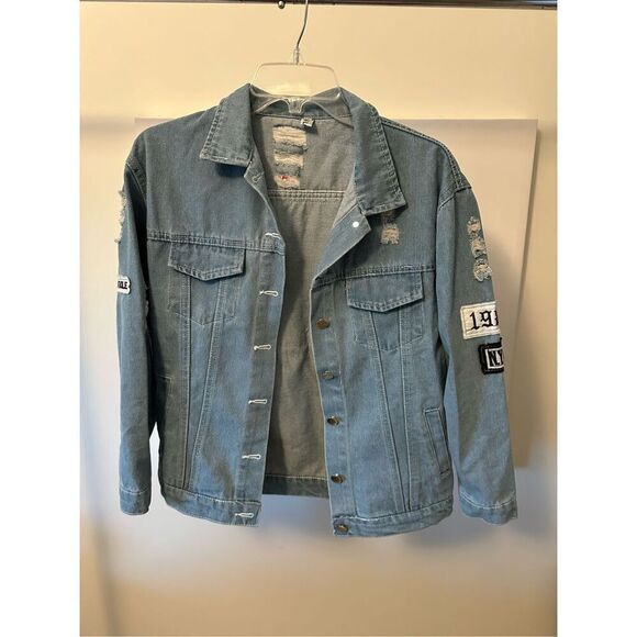 Denim distressed jacket oversized‎ fit Womens M Blue Festival Boho - Picture 3 of 4